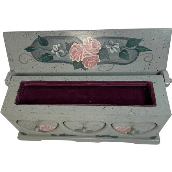 Vintage Painted Wood Jewelry Box Heart Drawers Roses Hummingbirds - Picture 3 of 10